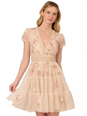 Adrianna Papell Women's V-Neck Beaded Mesh Dress